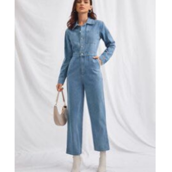 Pants - Denim jumpsuit Button Front Patch Pocket